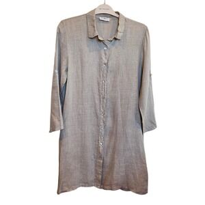 Mida Made in Italy Linen Shirt Dress OS Button Front Roll Tab Sleeve Taupe